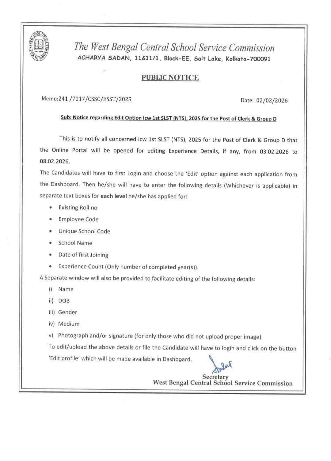 WBSSC Group C And D Notification Out For 8478 Posts, Edit Option Notice For OBC Category_6.1