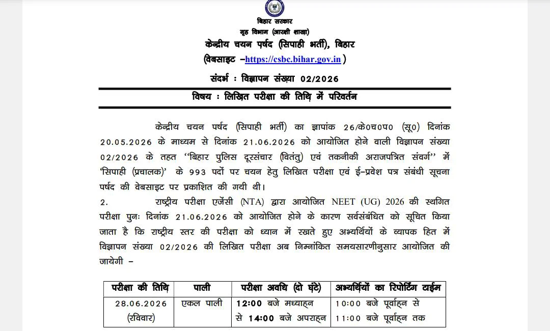Official notice regarding the Bihar Police Constable Operator 2026 Exam Date