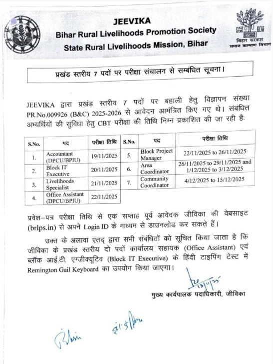 Bihar Jeevika Exam Notice