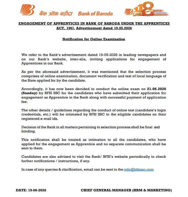 Bank of Baroda Apprentice Exam Date 2026