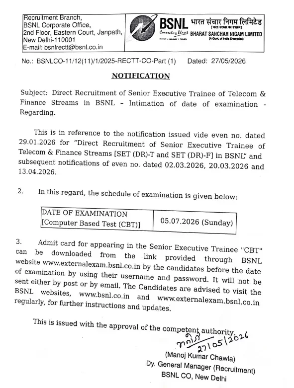 BSNL SET Exam Date 2026