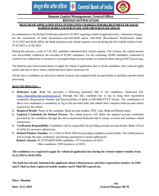 Central Bank of India Sub Staff Fee Refund Process 2024