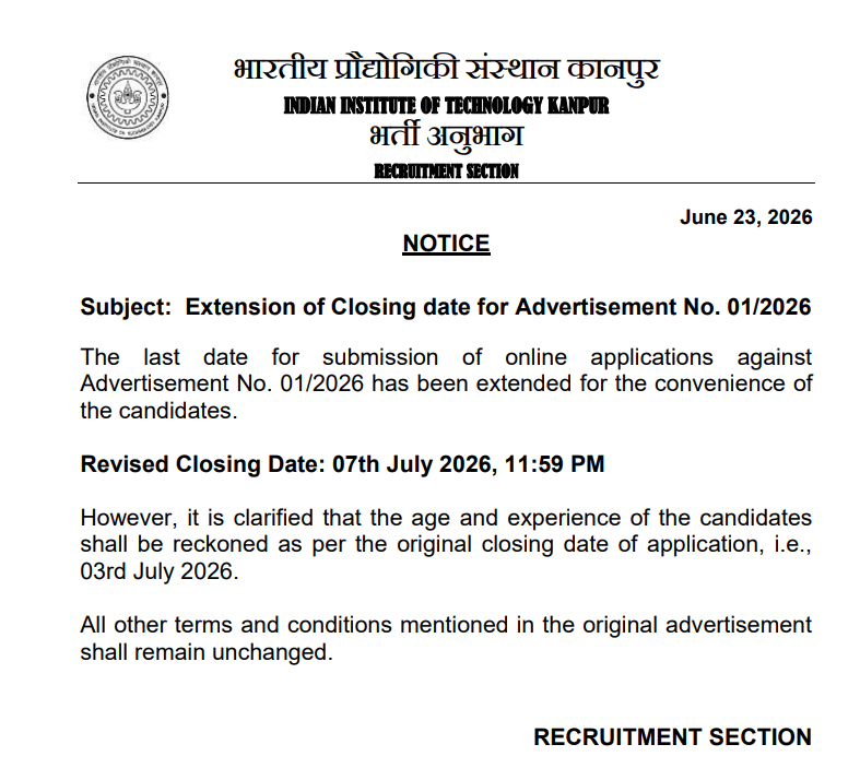 IIT Kanpur Recruitment 2026 Extension Notice