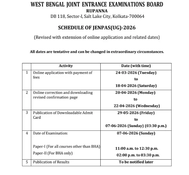 Official JENPAS UG 2026 exam schedule notice