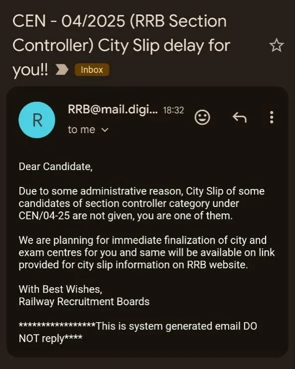 RRB Section Controller Exam City Intimation Slip 2026 Overview