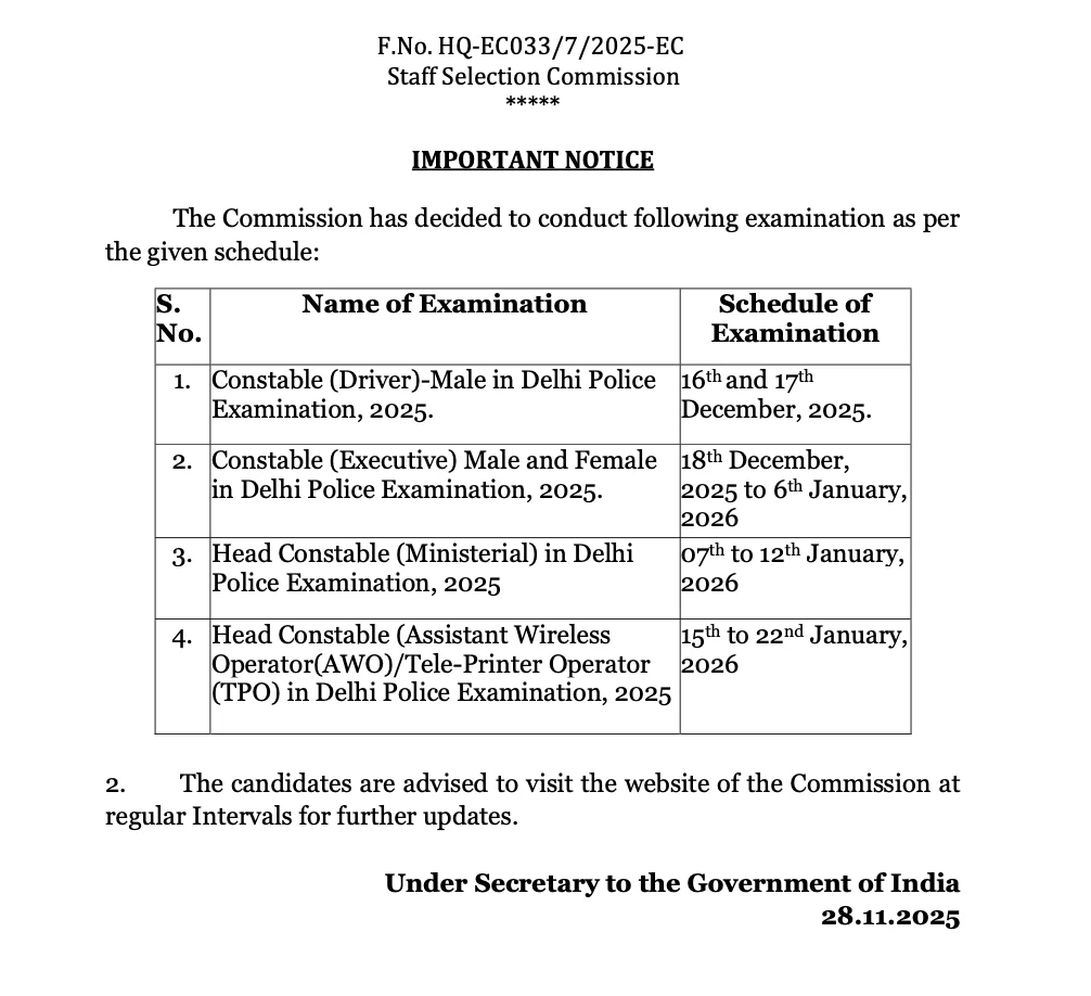Delhi Police Driver Exam Date Notice