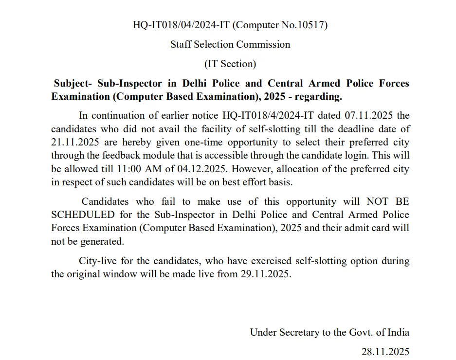 SSC CPO Slot Booking 2025 Reopen