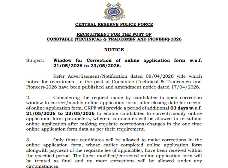 CRPF Recruitment 2026: Application Correction Window Details