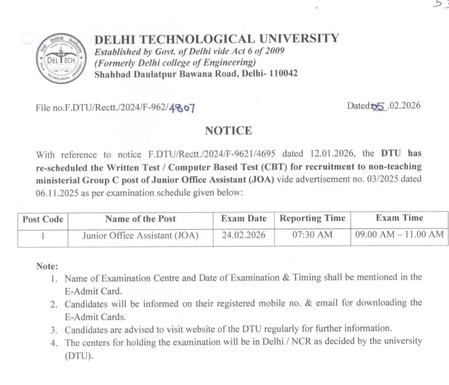 DTU Delhi Non Teaching Admit Card 2026 Out @dtu.ac.in, Download JOA Hall Ticket