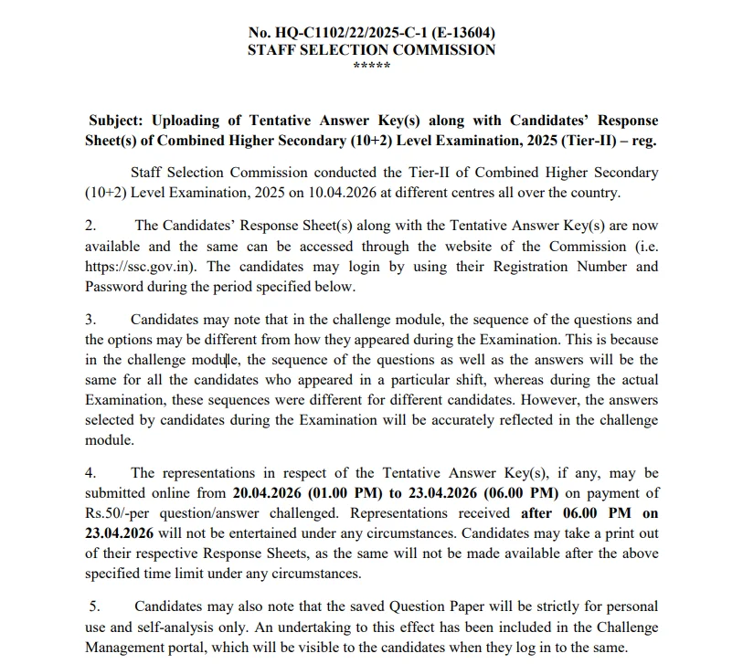 SSC CHSL Tier 2 Answer Key 2026 Official Notice