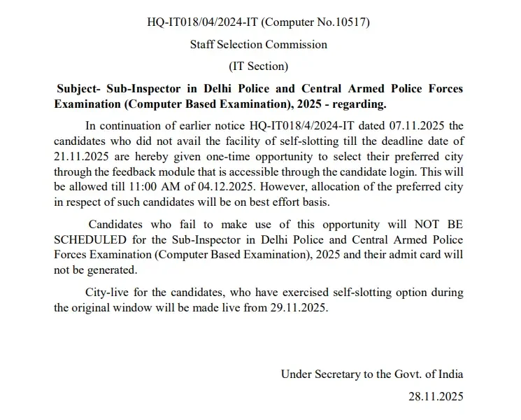 SSC CPO City Intimation Slip 2025