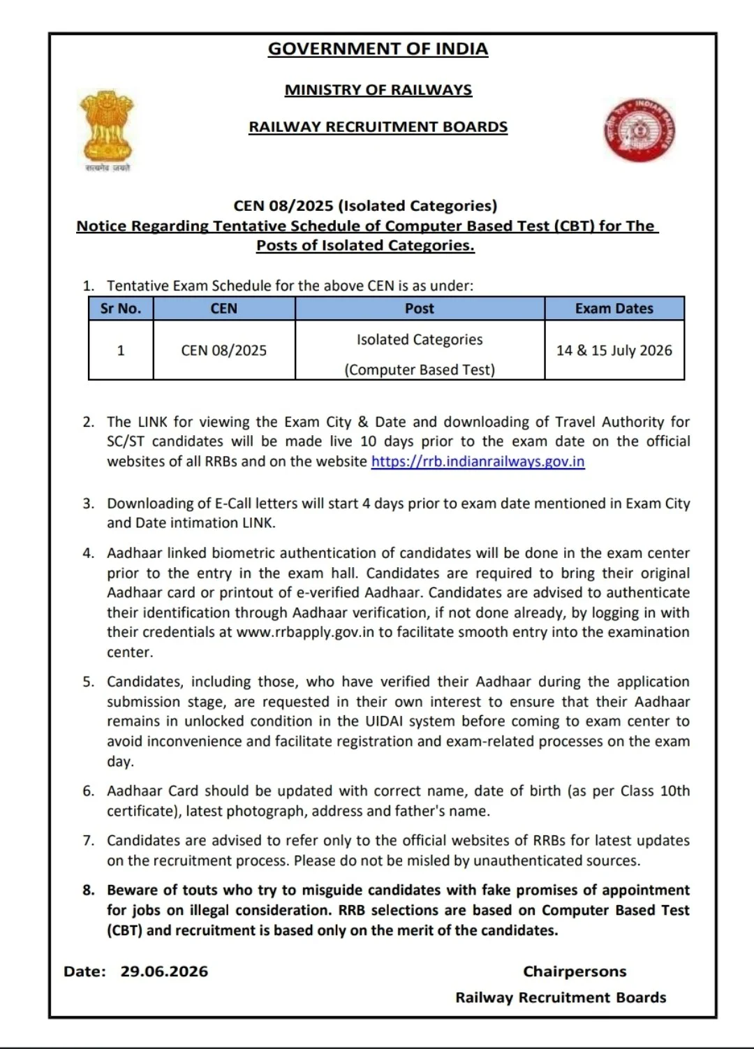RRB Isolated Categories Exam Date 2026 Out