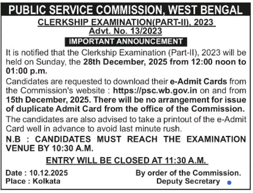 WBPSC Clerkship Mains Exam Date 2025 Out, Check Part 2 Exam Centre_2.1