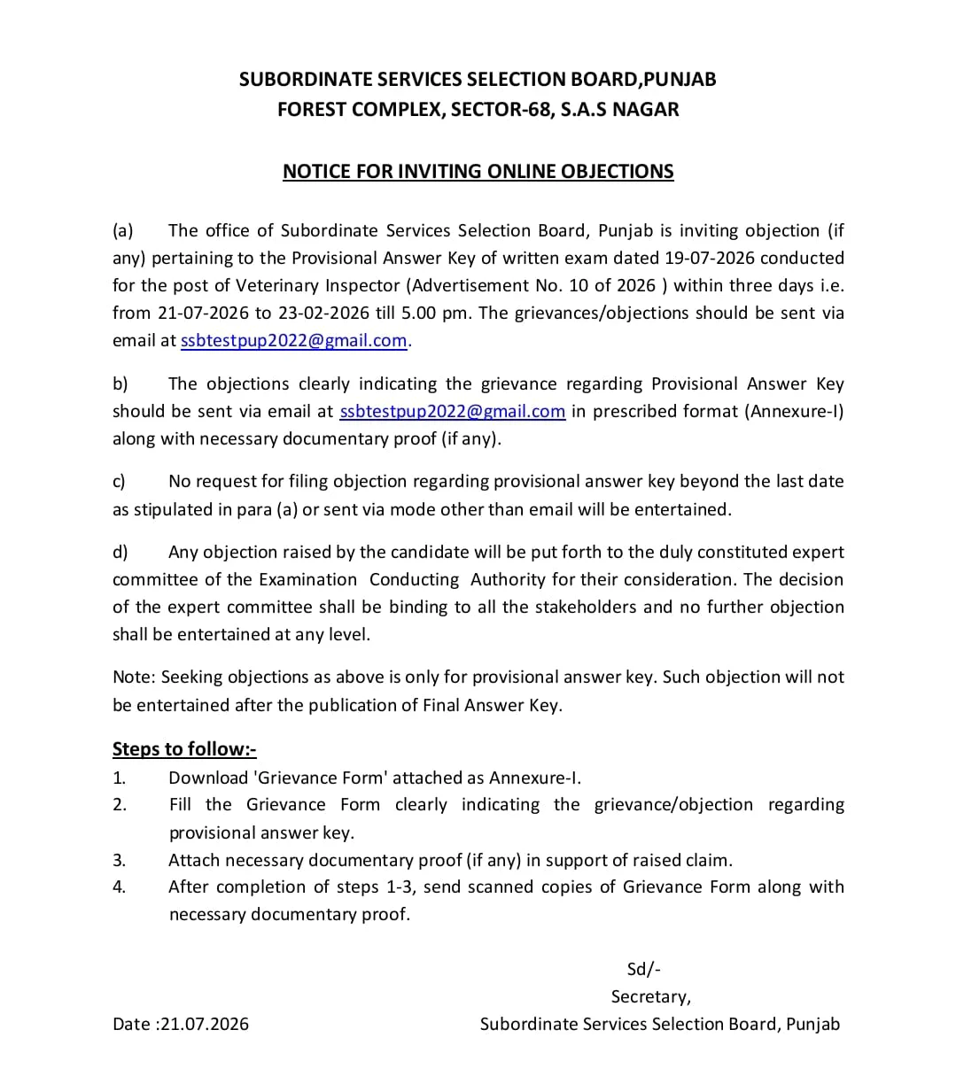 PSSSB Veterinary Inspector Answer Key 2026 Out at sssb.punjab.gov.in, Download Response Key PDF