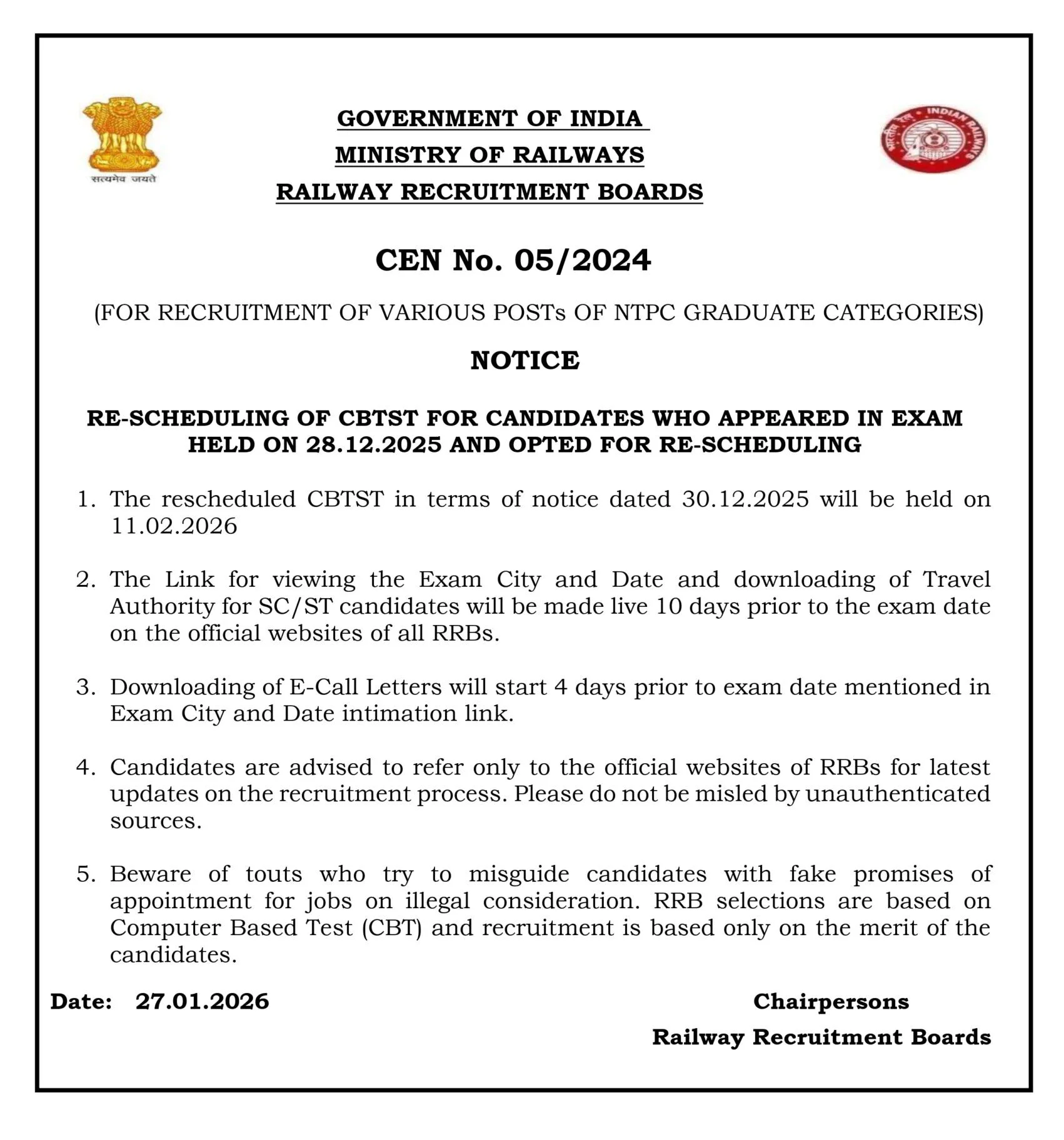 RRB NTPC CBTST Rescheduled Exam Date 2026 Official Notice
