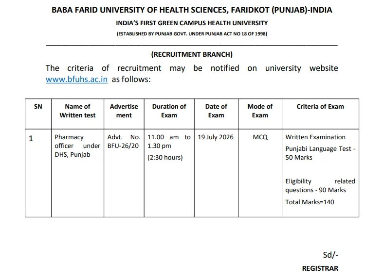 BFUHS Pharmacy Officer Exam Date 2026 Notification