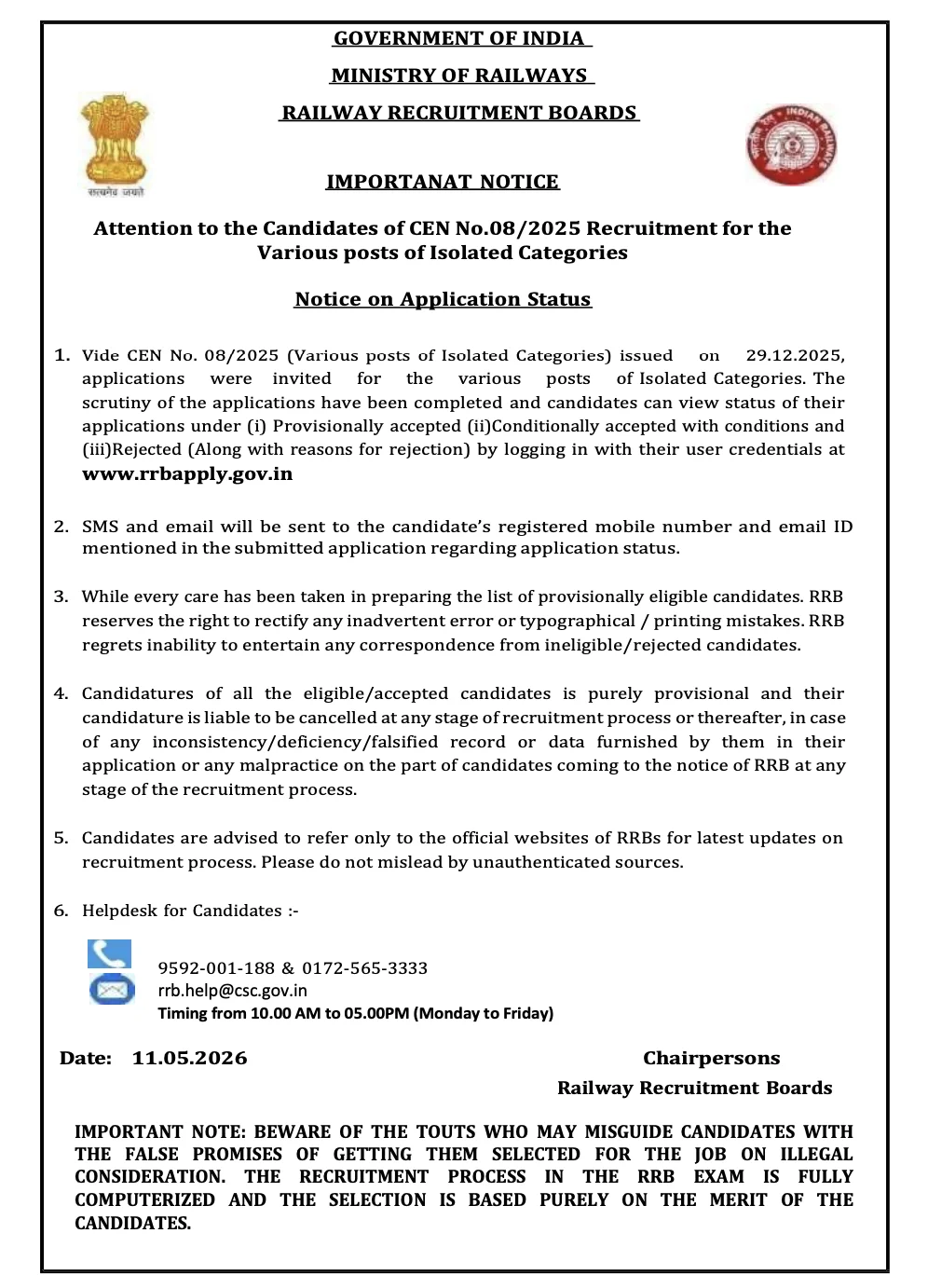 RRB Isolated Categories Application Status 2026