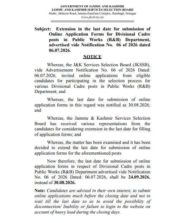 JKSSB Recruitment 2026 Last Date Extended Notice