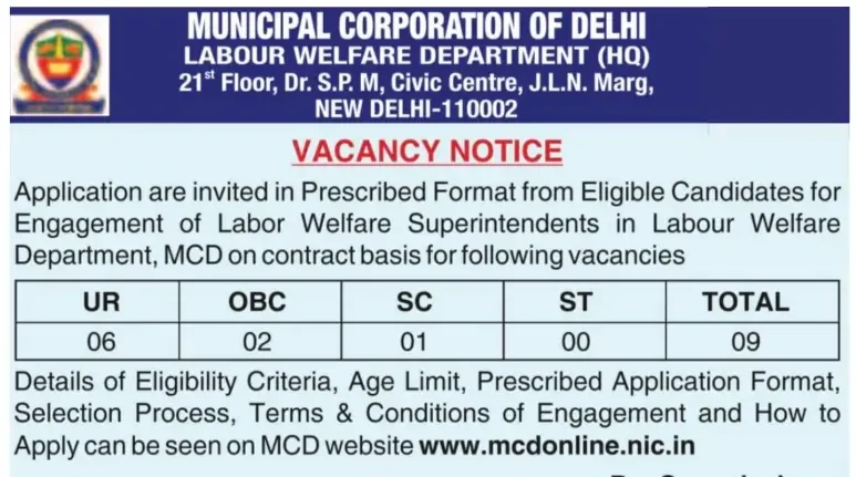 MCD Labour Welfare Superintendent Recruitment 2026