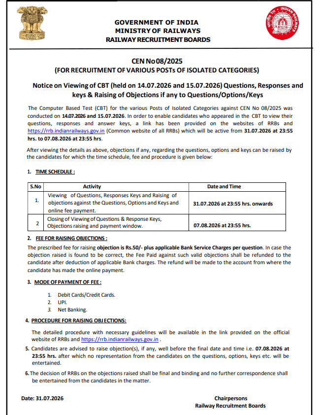 RRB Isolated Categories Answer Key 2026 Out, Download Response Sheet PDF_2.1