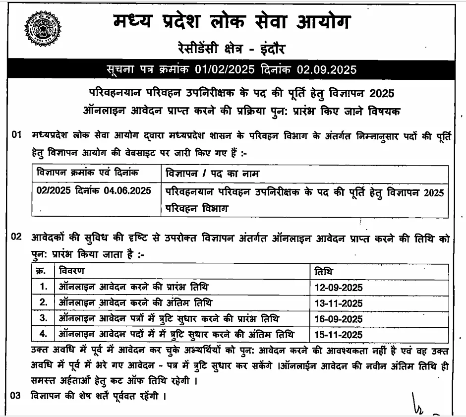 MPPSC Transport SI Recruitment 2025 Important Dates