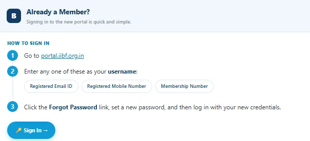IIBF Existing Member Login Dashboard