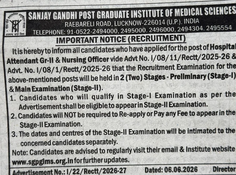 Official SGPGI Nursing Officer Exam Notice