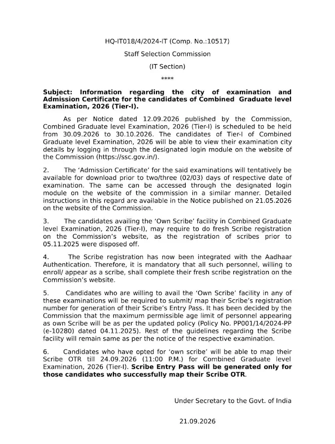 SSC CGL City Intimation Slip Notice