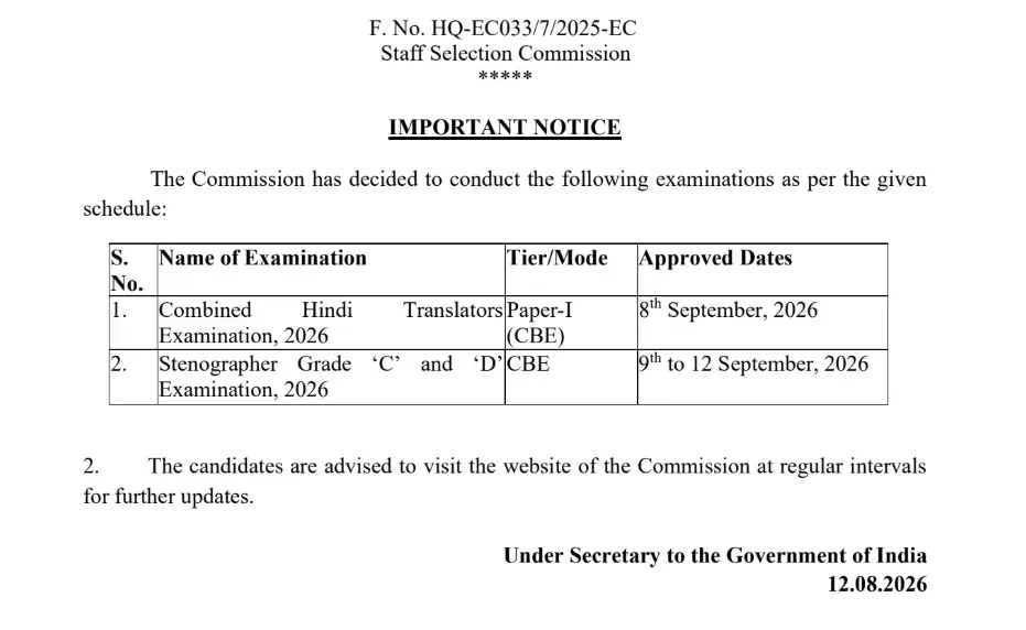 SSC JHT Exam Date 2026