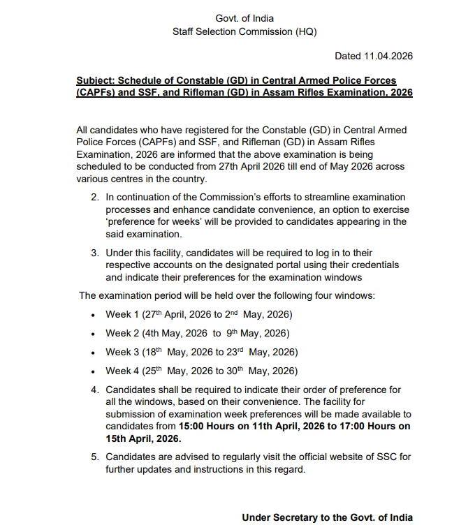 SSC GD Slot Booking 2026 Started, Select Preferred Exam Week and New Exam Date