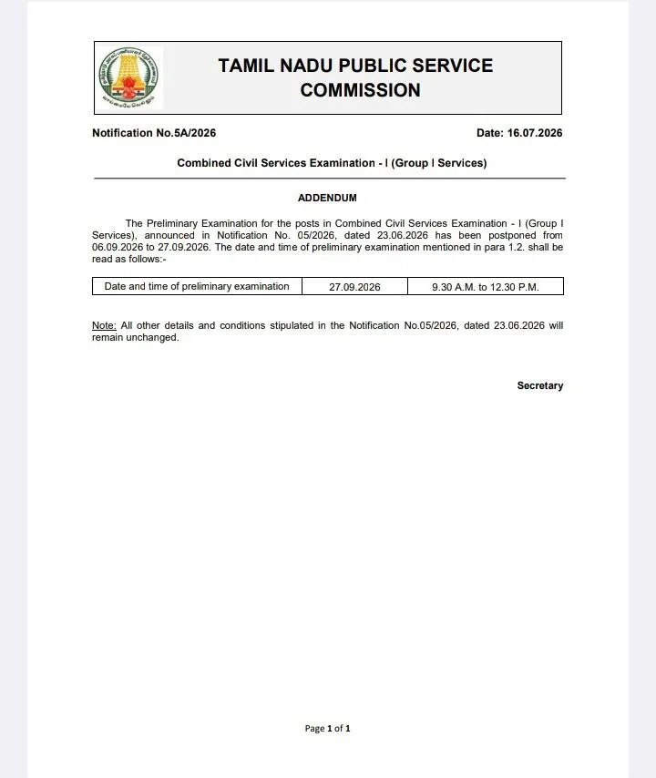 TNPSC Group 1 Exam 2026 Postponed Notice Out, Check New Exam Schedule Details_3.1