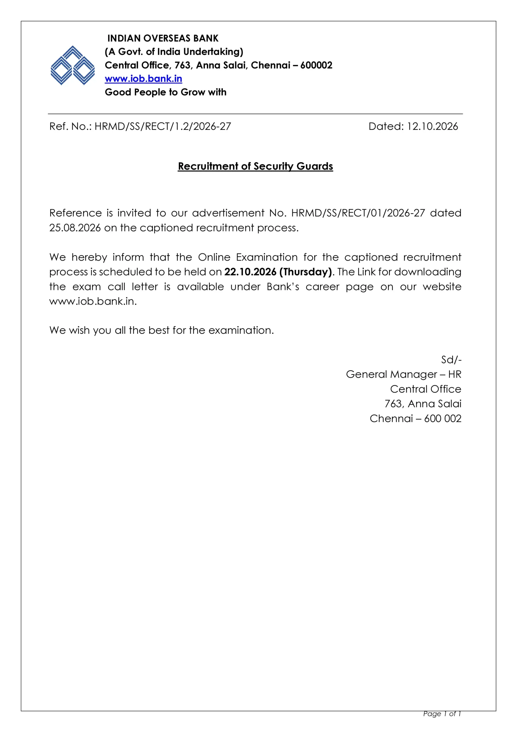 IOB Exam Date 2026 Notification