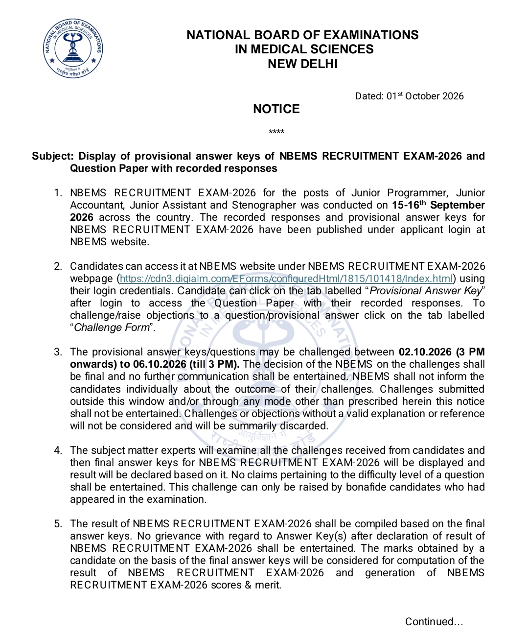 NBEMS Answer Key 2026