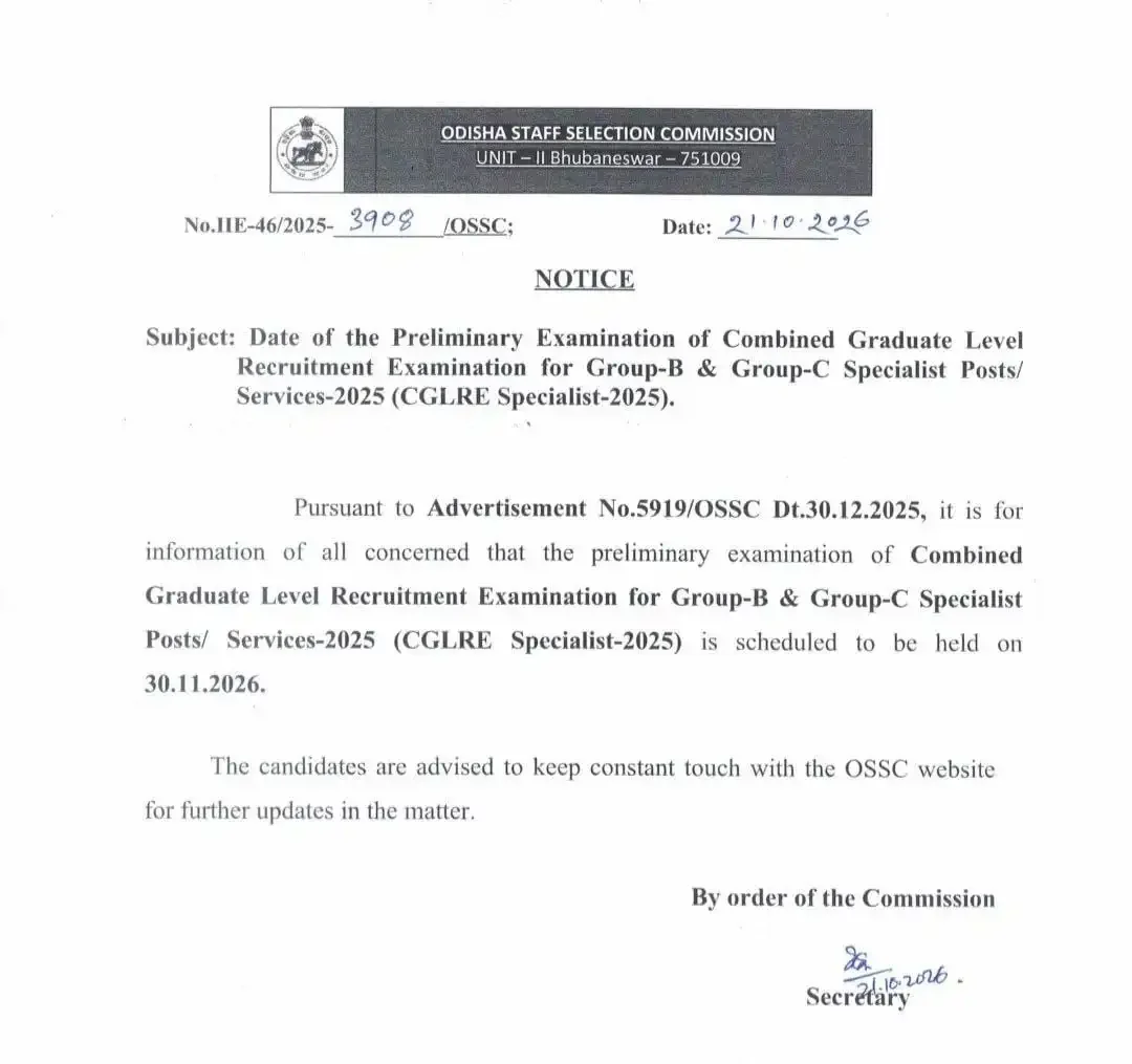 OSSC CGL Exam Date 2026