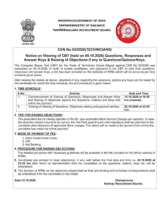 RRB Technician Answer Key 2026 Out for Grade 1 and 2, Raise Objection Till 21 October_2.1