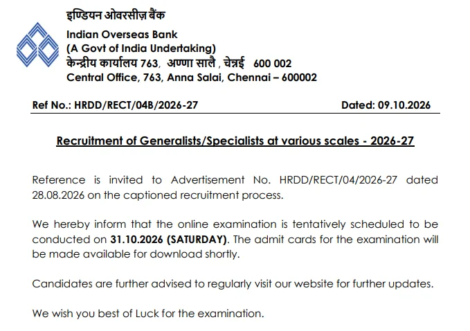 Indian Overseas Bank SO Exam Date 2026 Schedule