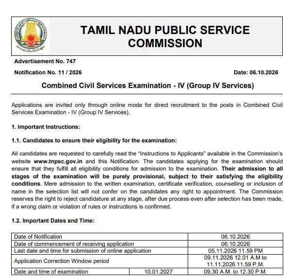 TNPSC Group 4 Exam Date 2026 Official Notice